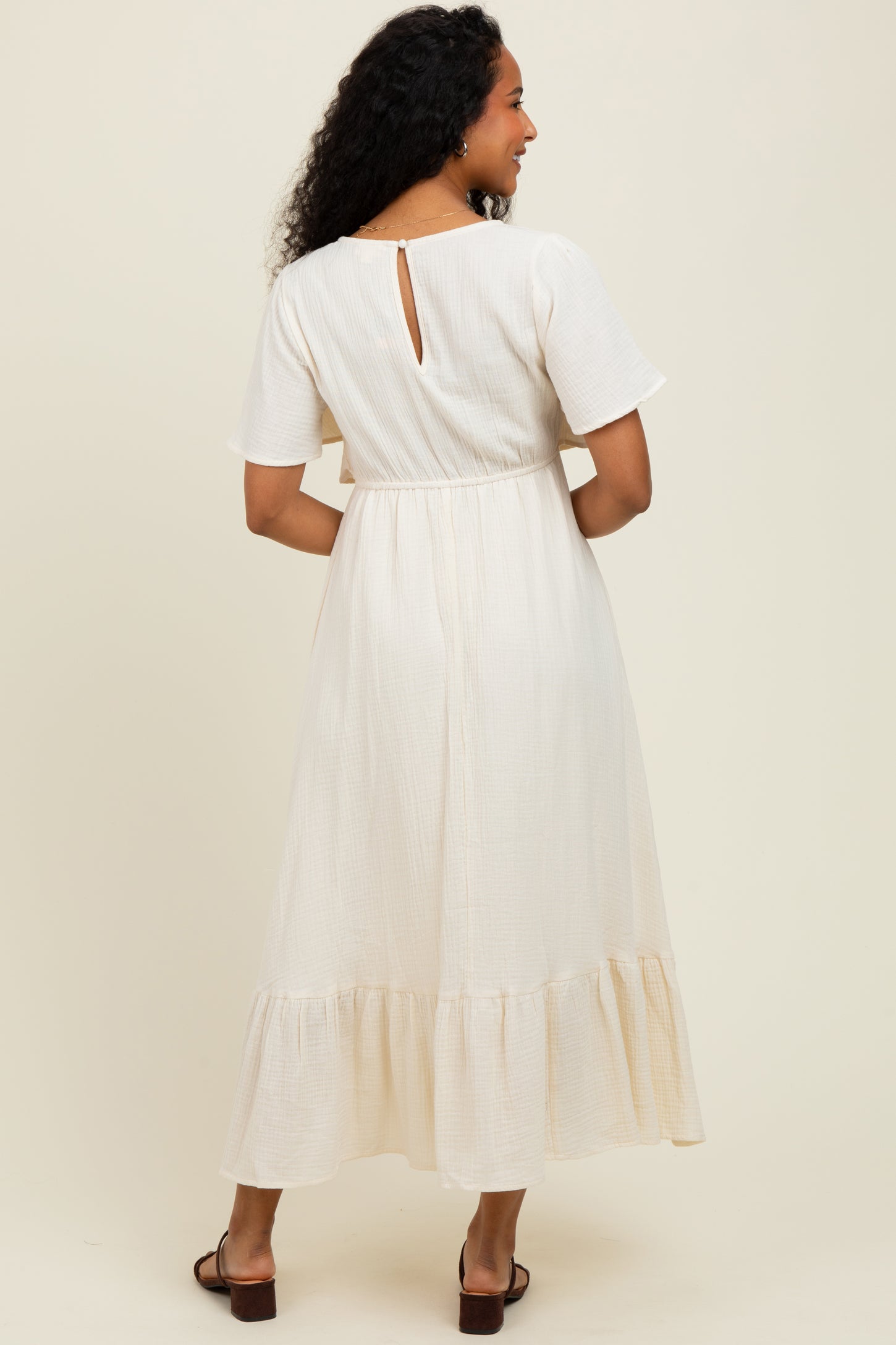 Cream Bust Knot Cotton Gauze Midi Dress Cream Bust Knot Cotton Gauze Midi Dress