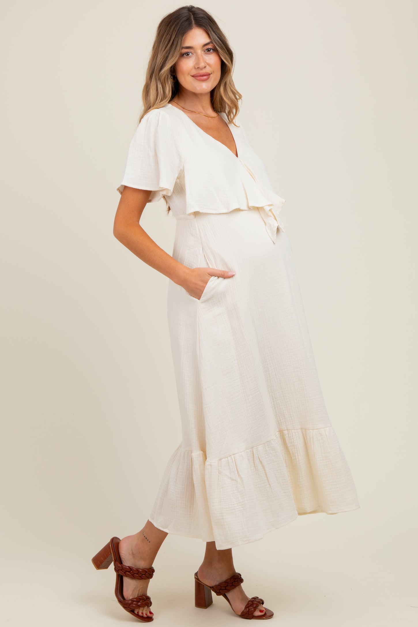 Cream Bust Knot Cotton Gauze Maternity Midi Dress