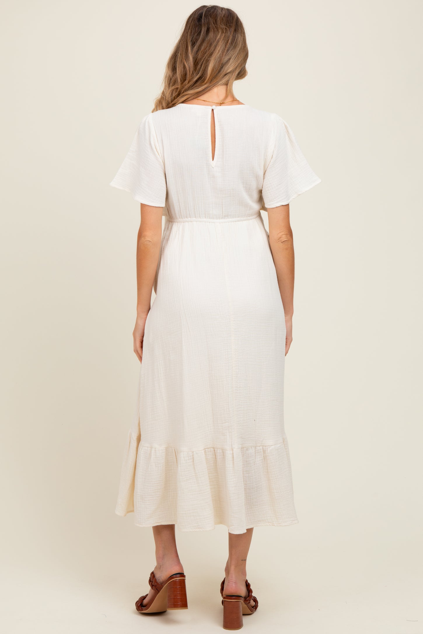 Cream Bust Knot Cotton Gauze Maternity Midi Dress Cream Bust Knot Cotton Gauze Maternity Midi Dress