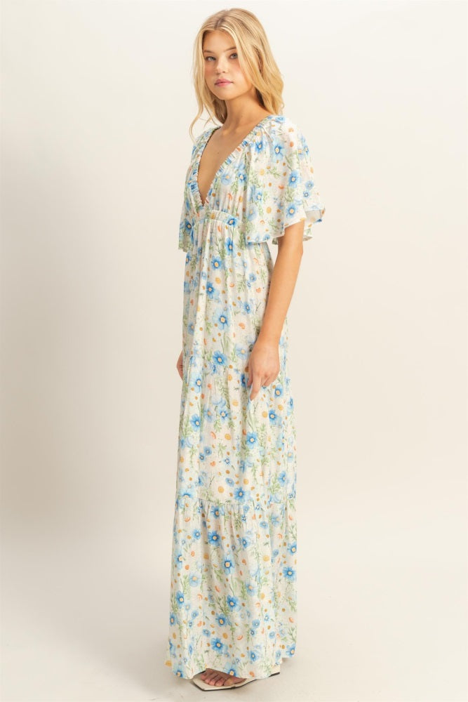 Blue Floral V-Neck Flowy Tiered Maxi Dress