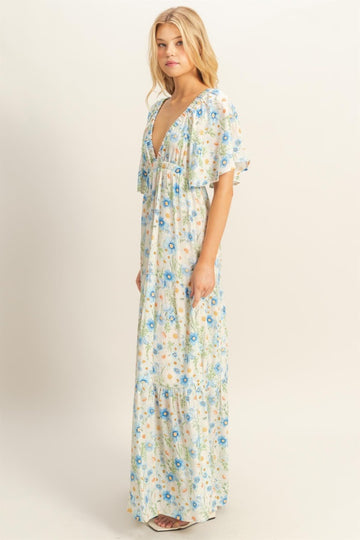 Blue Floral V-Neck Flowy Tiered Maxi Dress