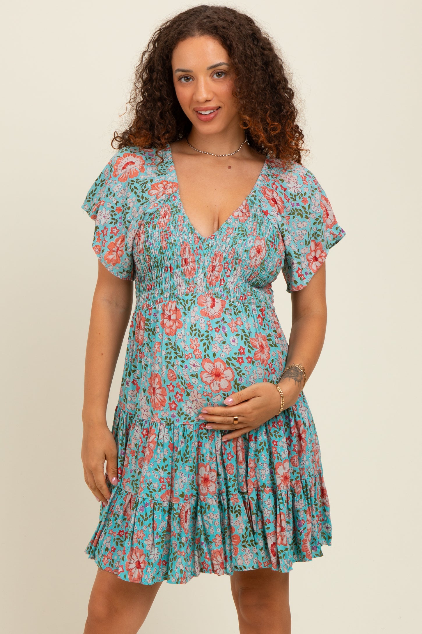 Mint Smocked Bodice V Neck Flutter Sleeve Maternity Dress