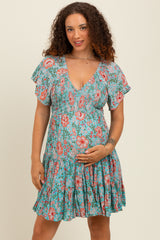 Mint Smocked Bodice V Neck Flutter Sleeve Maternity Dress