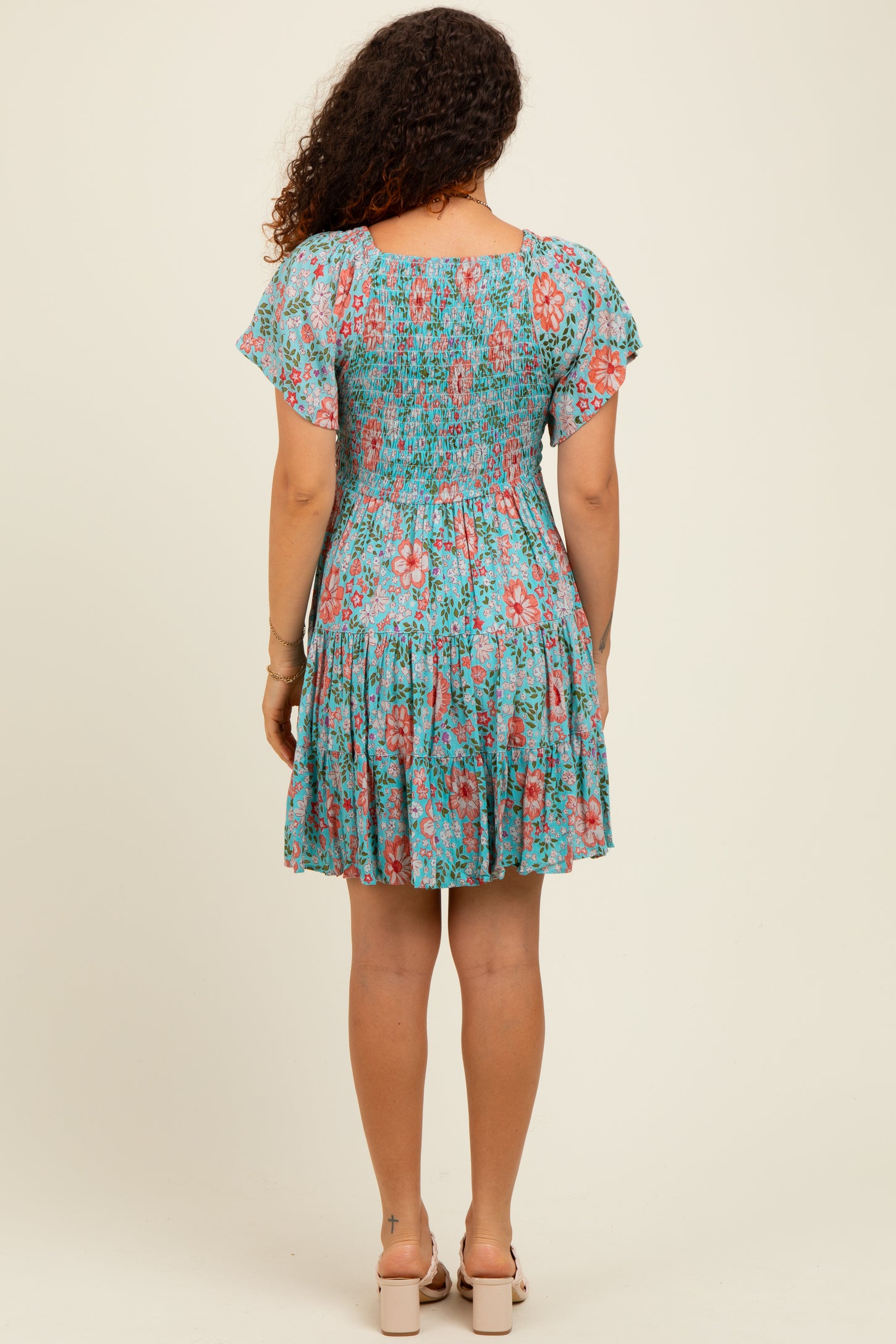 Mint Smocked Bodice V Neck Flutter Sleeve Maternity Dress