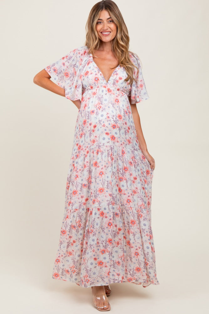 Coral Floral V-Neck Flowy Tiered Maternity Maxi Dress