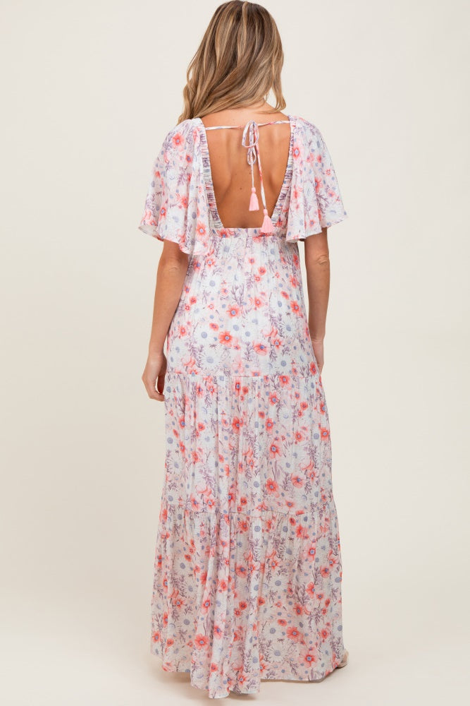Coral Floral V-Neck Flowy Tiered Maternity Maxi Dress PinkBlush Coral Floral V-Neck Flowy Tiered Maternity Maxi Dress PinkBlush