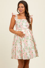 Pink Floral Print Smocked Back Maternity Dress