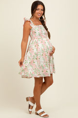 Pink Floral Print Smocked Back Maternity Dress