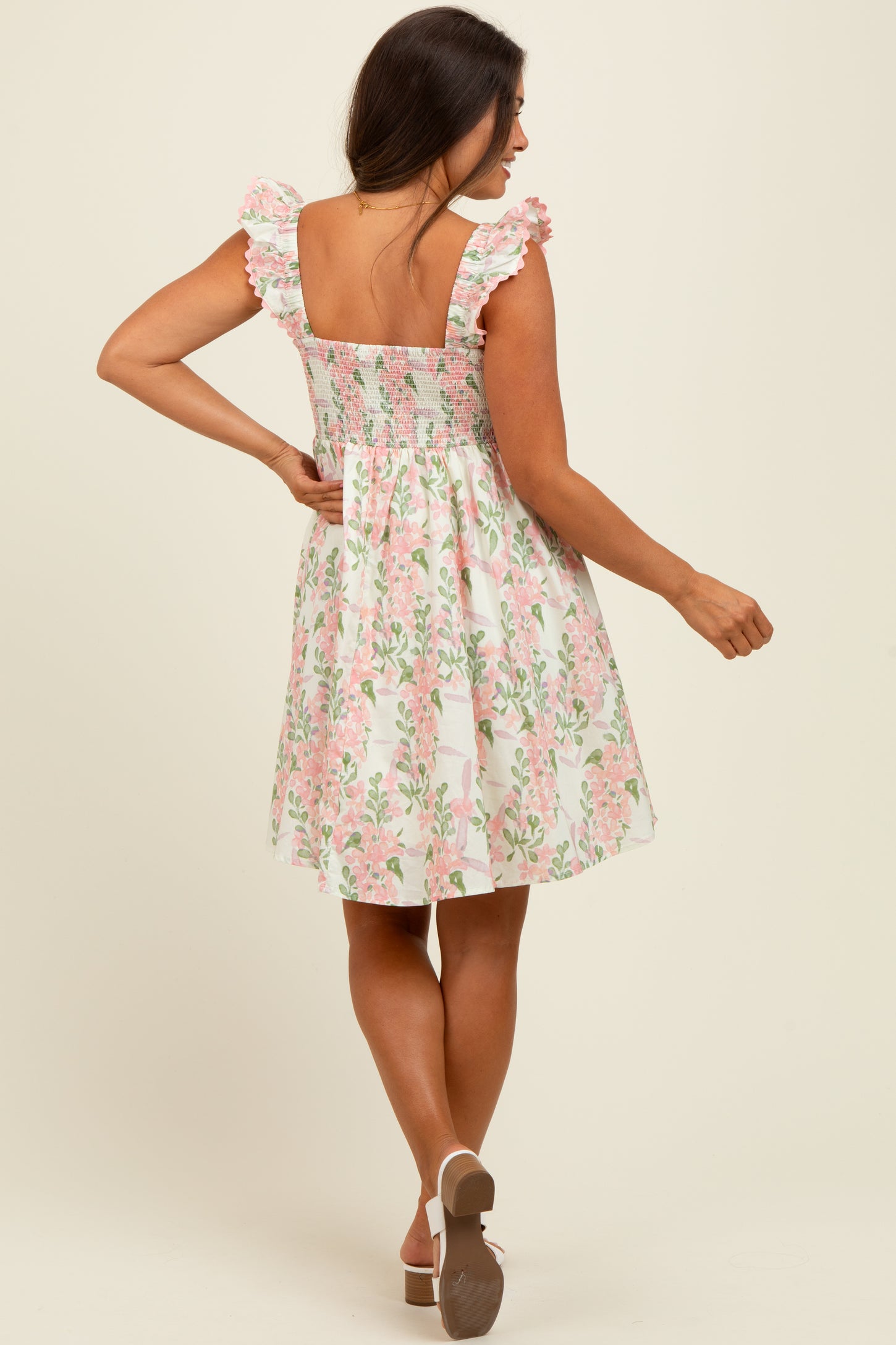 Pink Floral Print Smocked Back Maternity Dress