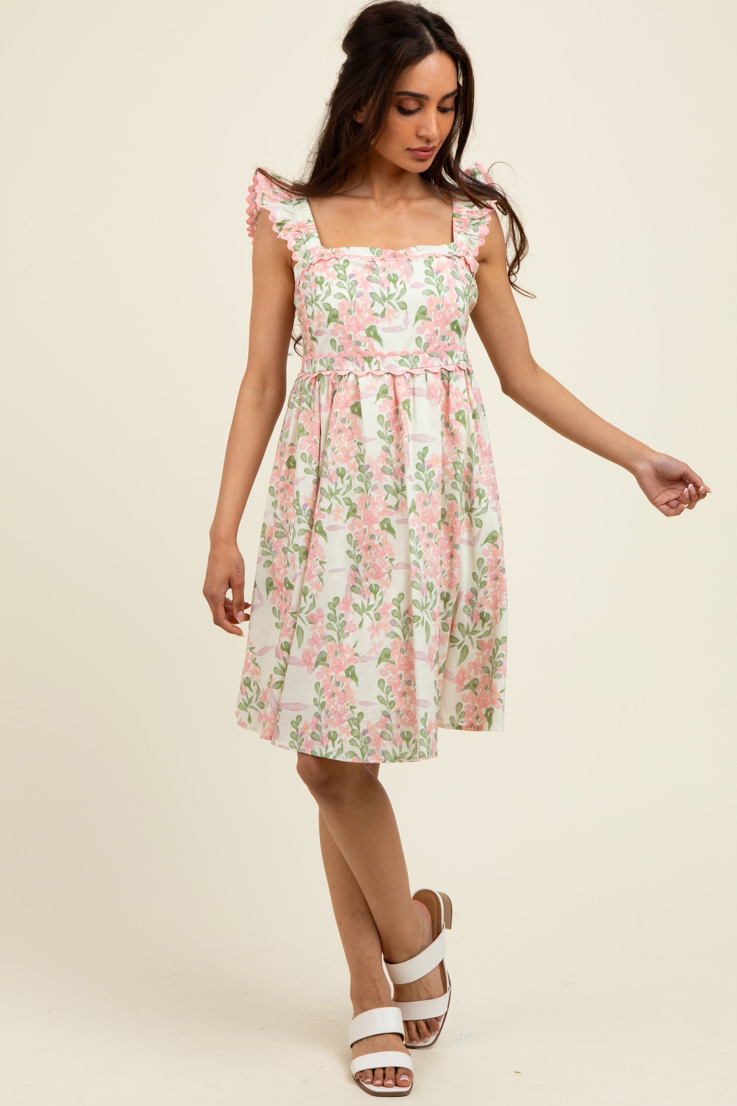 Pink Floral Print Smocked Back Dress