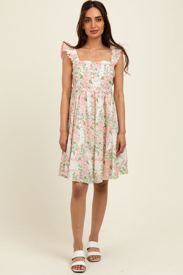 Pink Floral Print Smocked Back Dress