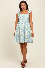 Blue Floral Print Smocked Back Maternity Dress