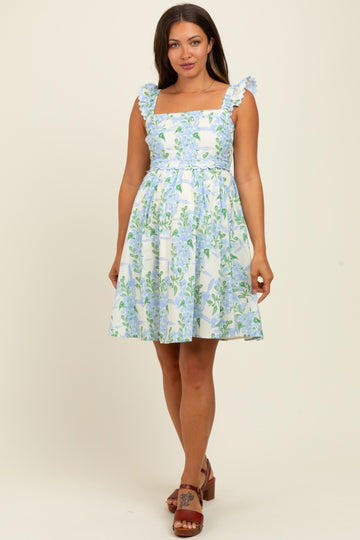 Blue Floral Print Smocked Back Maternity Dress