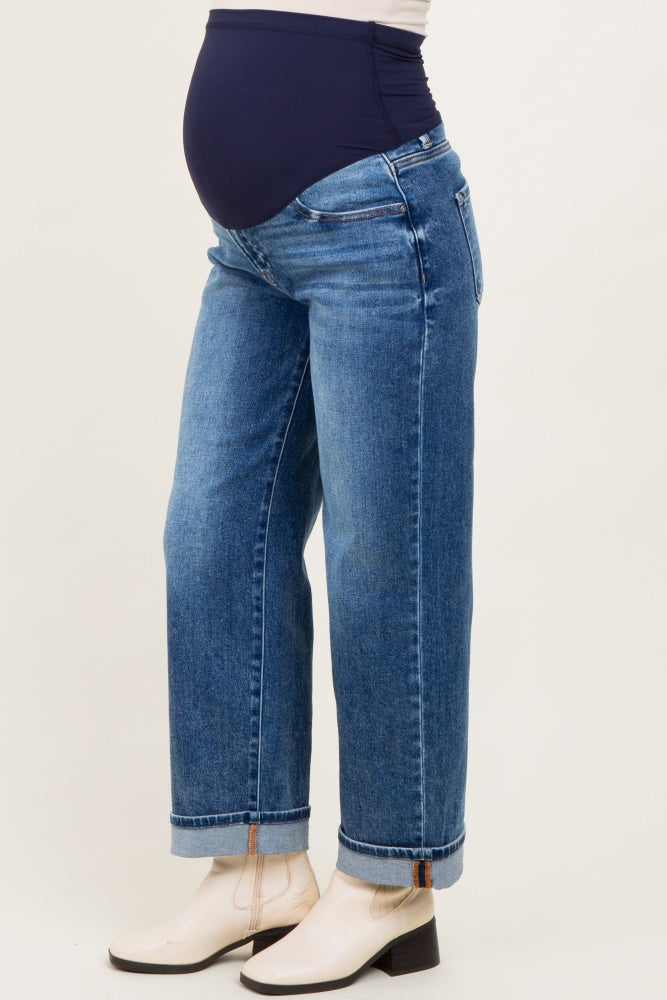 Dark Mid Rise Ankle Barrel Turn Up Cuffed Maternity Jeans