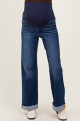 Dark High Rise Wide Leg Cuffed Maternity Jeans