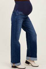 Dark High Rise Wide Leg Cuffed Maternity Jeans