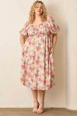 Ivory Multi Floral Print Smocked Ruched Bust Plus Maternity Midi Dress