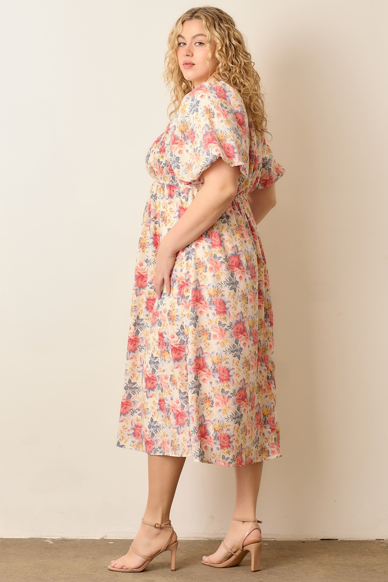 ruched smocked dress Solid Ruched V-Neck Smocked Waist Tiered Midi Dress