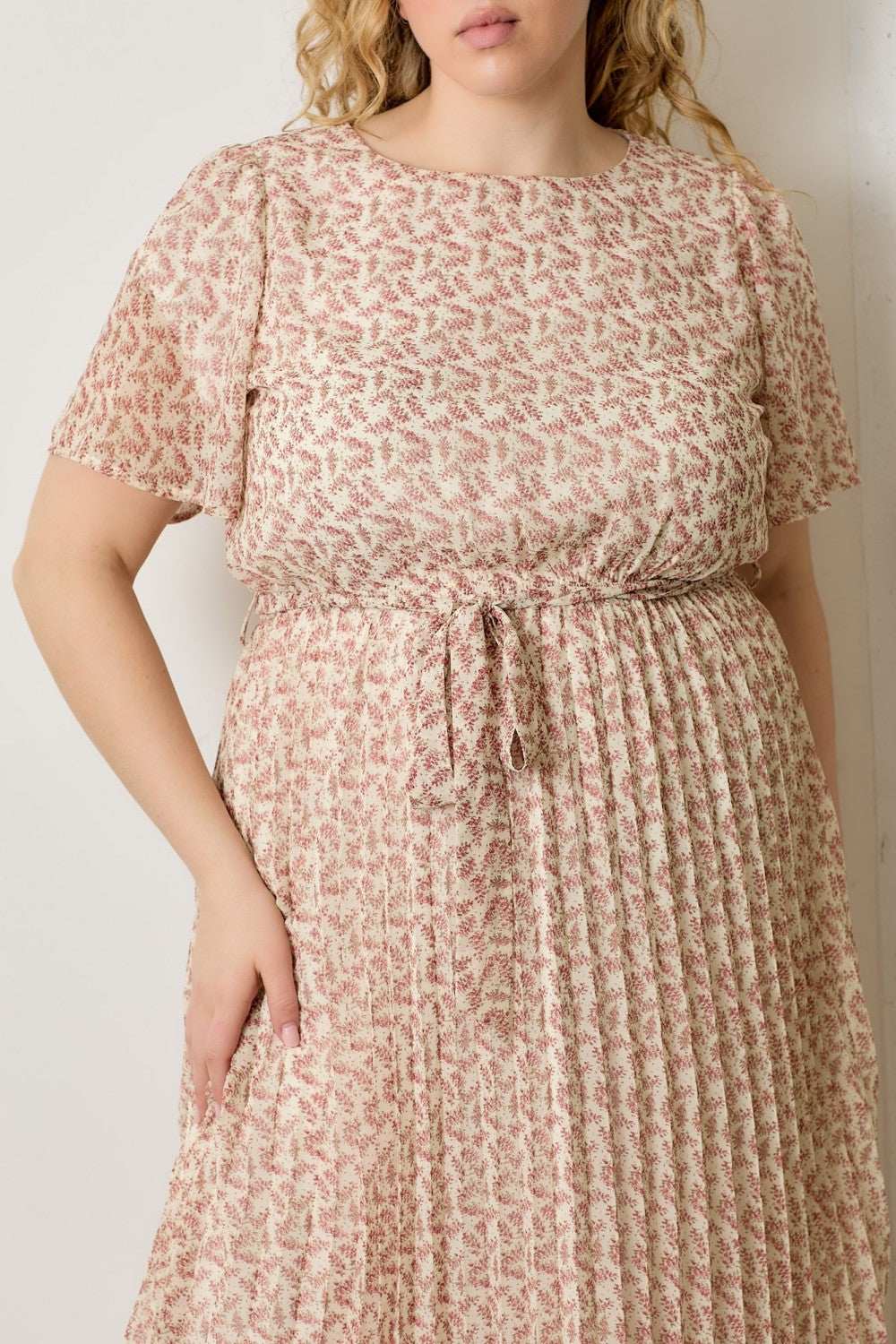 Cream Multi Printed Floral Waist Tie Plus Midi Dress