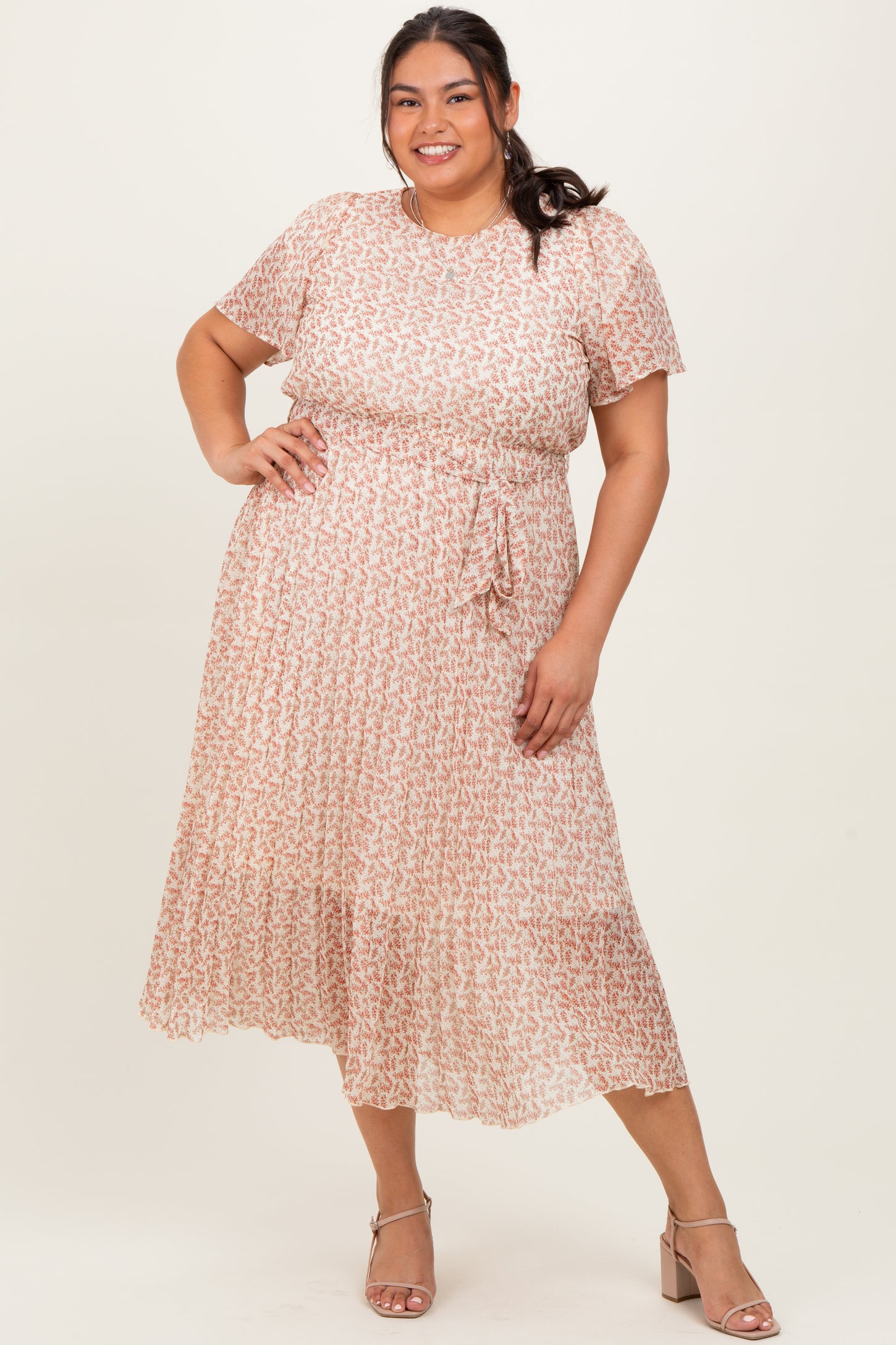 Cream Multi Printed Floral Waist Tie Plus Midi Dress