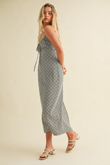 Black Textured Plaid Drawstring Neck Midi Dress