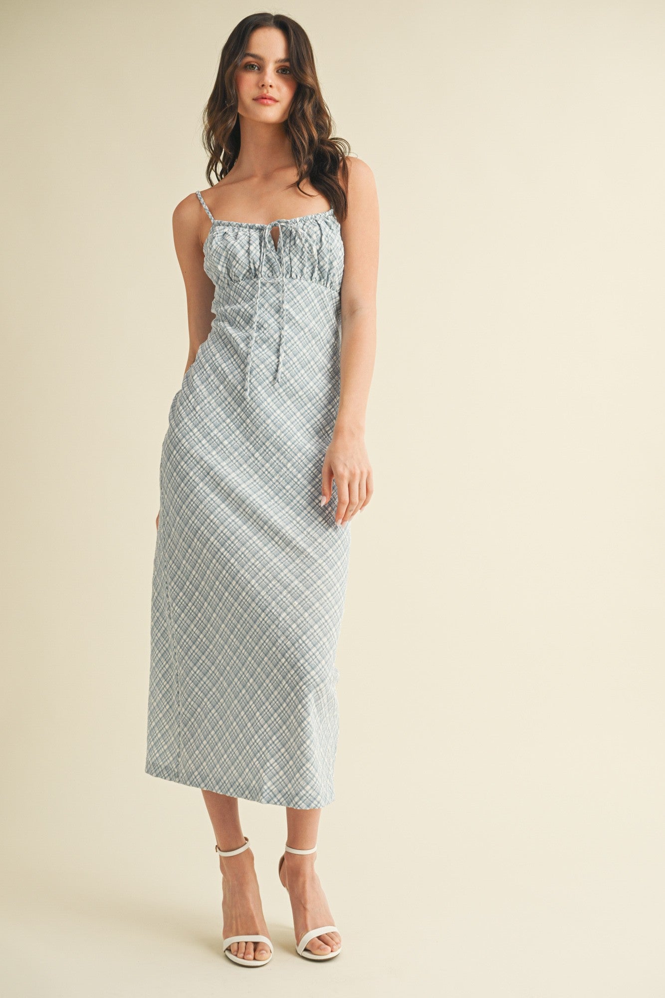 Blue Textured Plaid Drawstring Neck Midi Dress