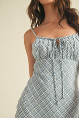 Blue Textured Plaid Drawstring Neck Midi Dress