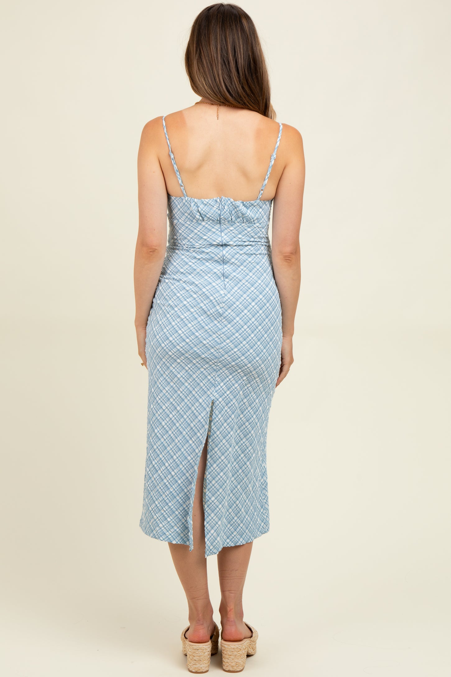 Blue Textured Plaid Drawstring Neck Maternity Midi Dress Blue Textured Plaid Drawstring Neck Maternity Midi Dress