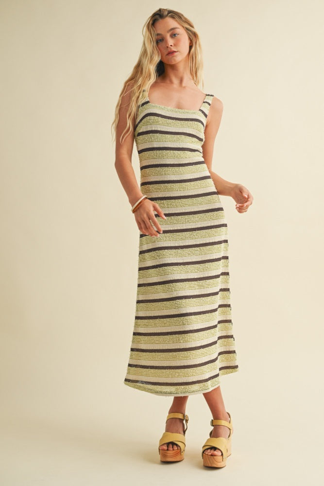 Lime Multi Square Neck Striped Sleeveless Dress