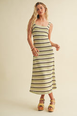Lime Multi Square Neck Striped Sleeveless Dress