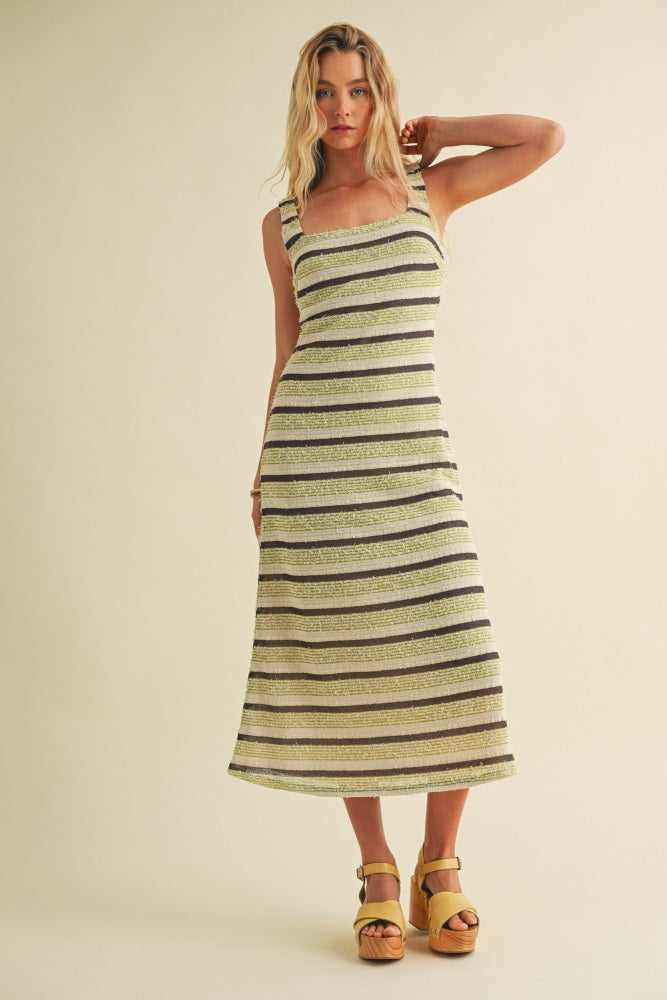 Lime Multi Square Neck Striped Sleeveless Dress