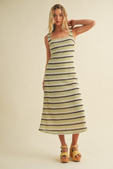 Lime Multi Square Neck Striped Sleeveless Dress