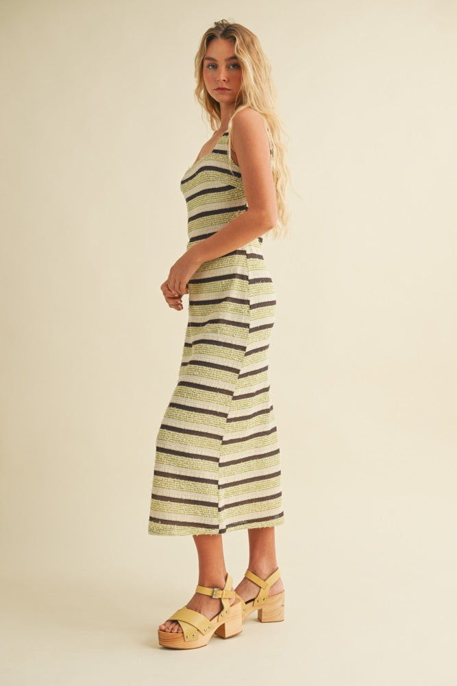 Lime Multi Square Neck Striped Sleeveless Dress