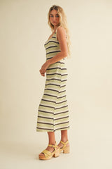 Lime Multi Square Neck Striped Sleeveless Dress
