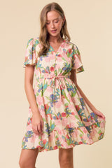 Cream V-Neck Flutter Short Sleeve Mini Dress