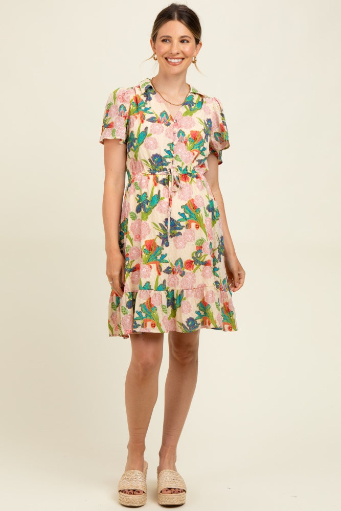 Cream V-Neck Flutter Short Sleeve Maternity Mini Dress