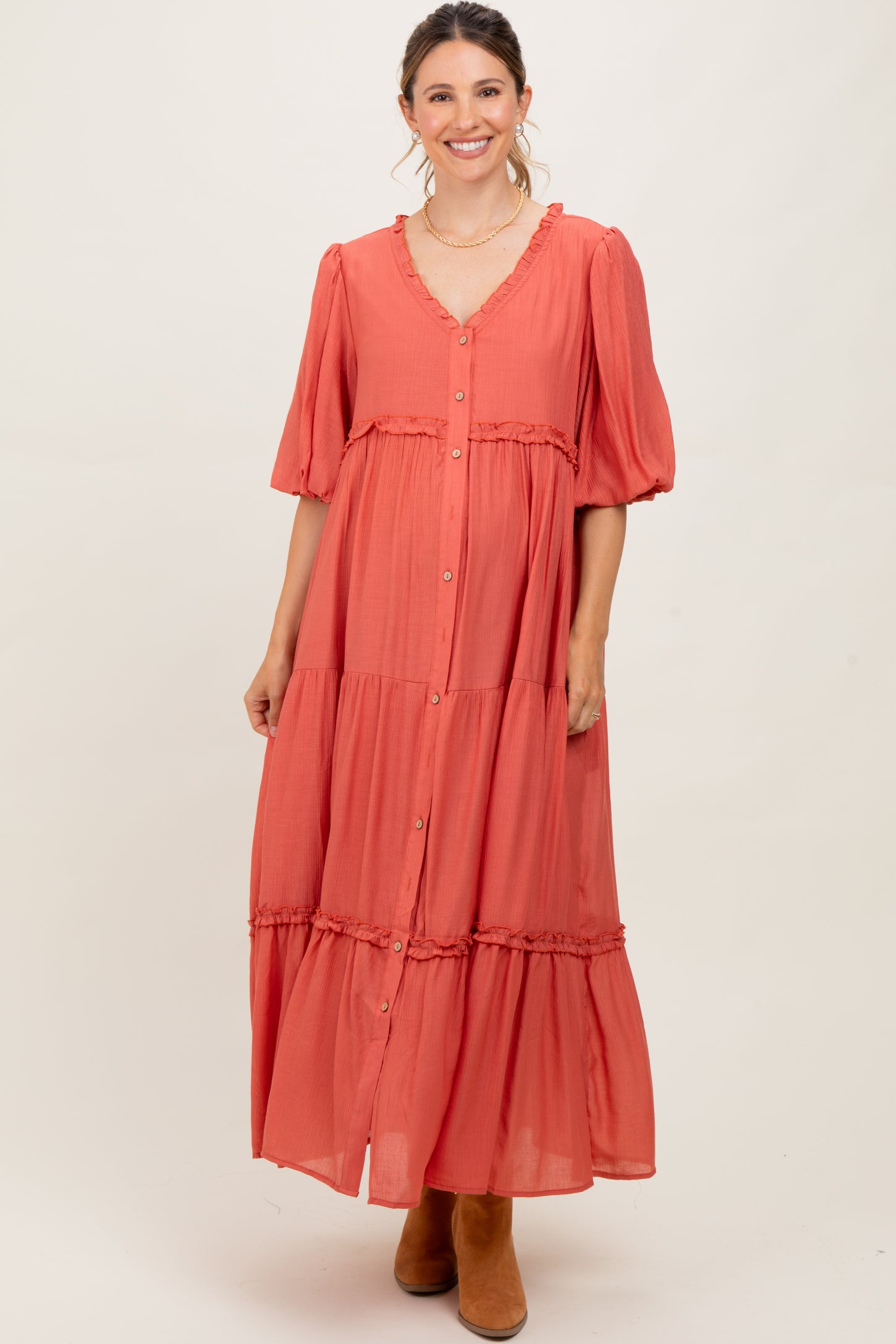 Cinnamon Puff Short Sleeve Crepe Tiered Maternity Maxi Dress