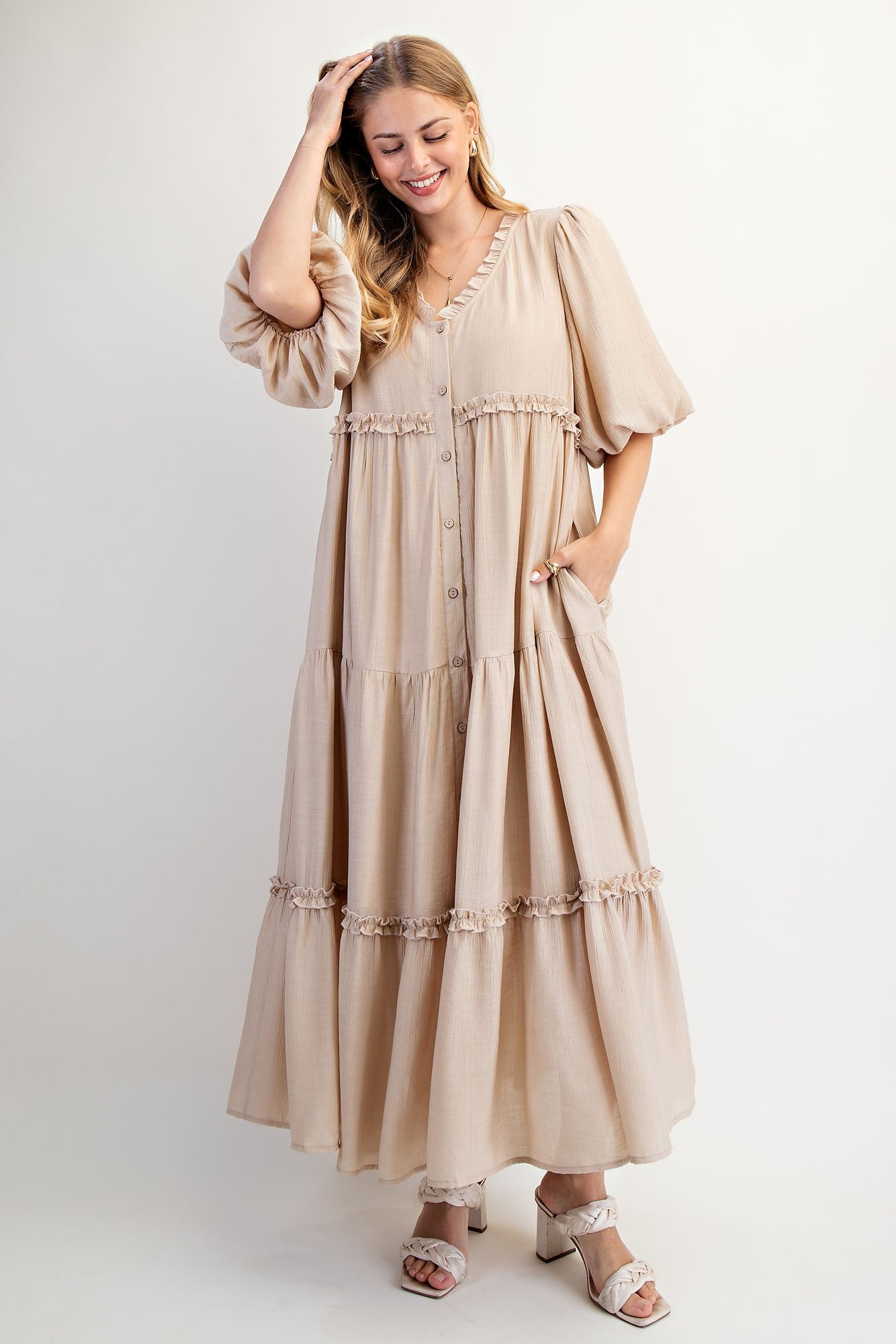 Beige Puff Short Sleeve Crepe Tiered Maternity Maxi Dress
