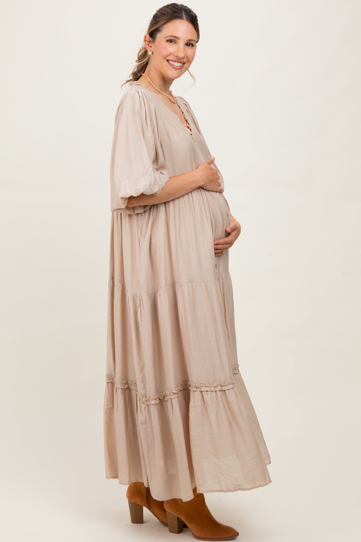 Beige Puff Short Sleeve Crepe Tiered Maternity Maxi Dress PinkBlush Beige Puff Short Sleeve Crepe Tiered Maternity Maxi Dress PinkBlush