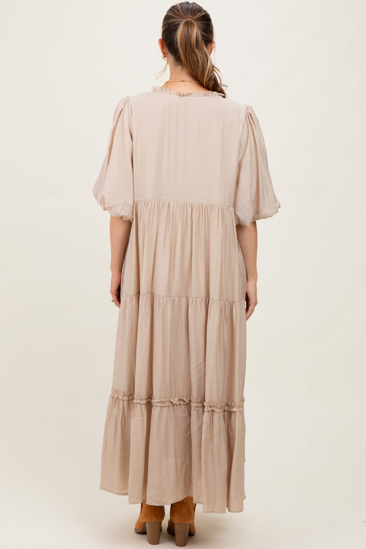 Beige Puff Short Sleeve Crepe Tiered Maternity Maxi Dress PinkBlush Beige Puff Short Sleeve Crepe Tiered Maternity Maxi Dress PinkBlush