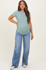 Medium Wash Mid Rise Clean Cut Raw Hem Wide Maternity Jeans