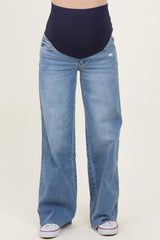 Medium Wash Mid Rise Clean Cut Raw Hem Wide Maternity Jeans