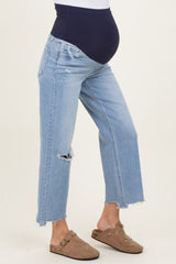 Blue High Rise Uneven Raw Hem Crop Wide Maternity Jeans