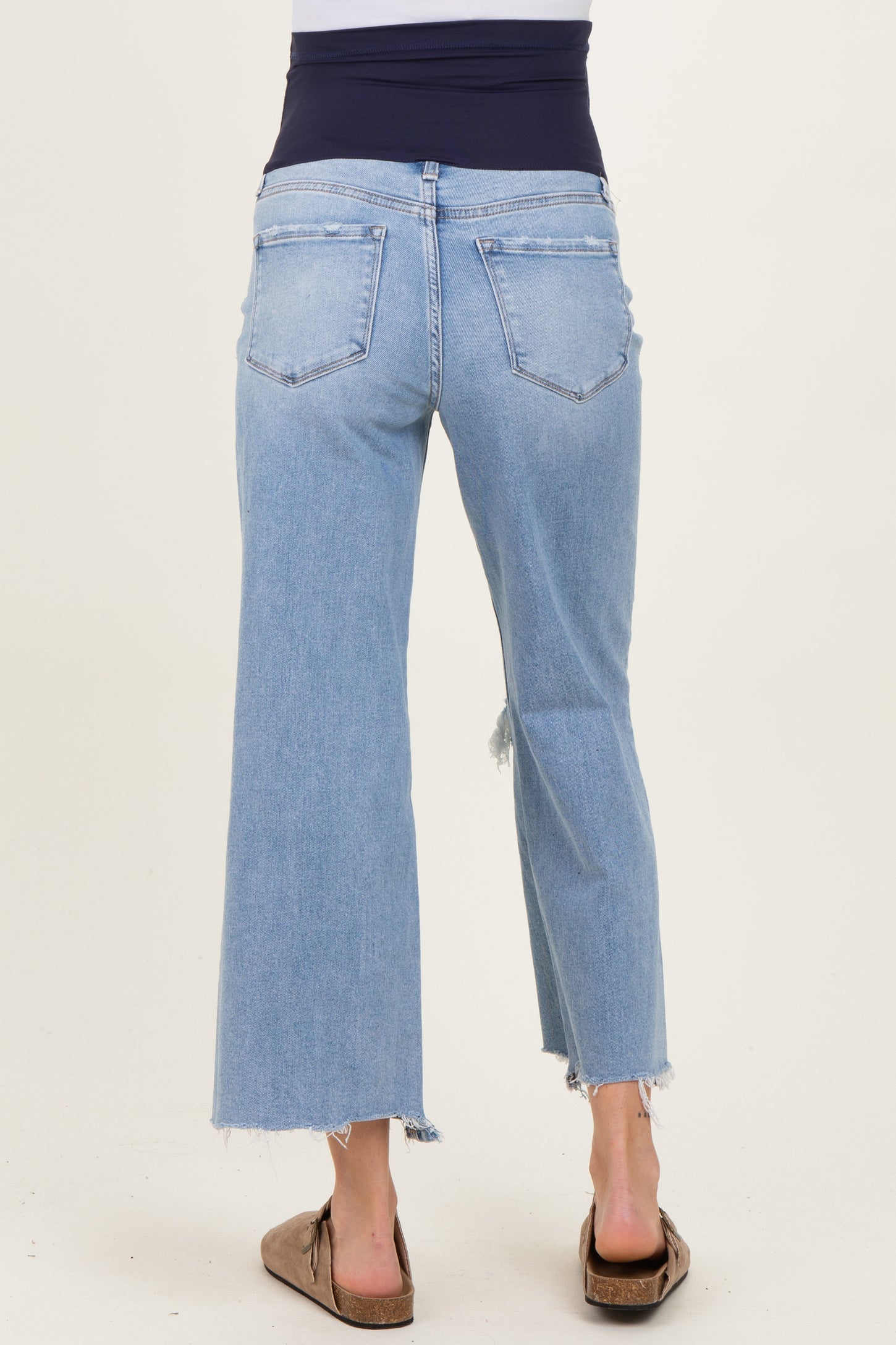 Blue High Rise Uneven Raw Hem Crop Wide Maternity Jeans