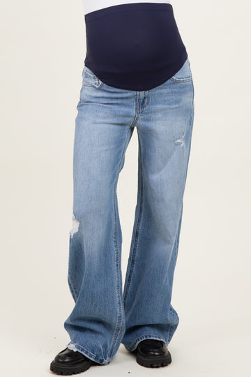 maternity wear blue wide leg jeans with distressed details and a high waistband designed for support
