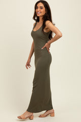 Olive Scoop Neck Sleeveless Rayon Rib Maxi Knit Dress