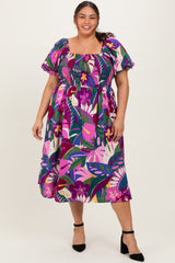 Purple Smocked Tropical Floral Plus Midi Dress