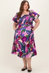 Purple Smocked Tropical Floral Maternity Plus Midi Dress