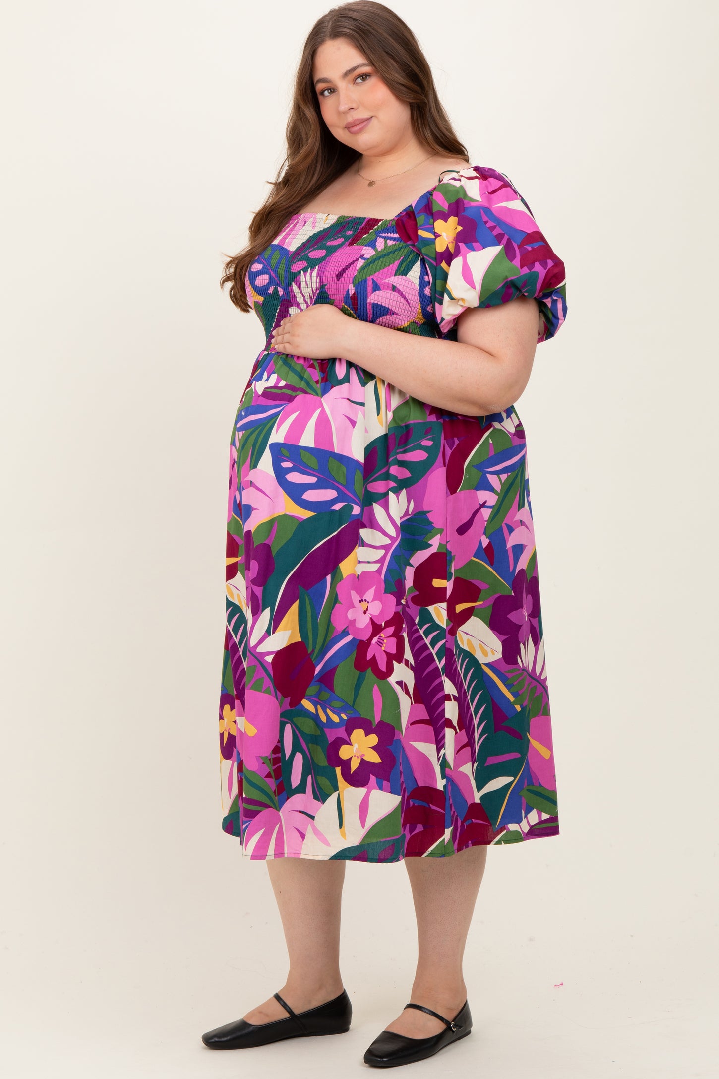 Purple Smocked Tropical Floral Maternity Plus Midi Dress