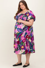 Purple Smocked Tropical Floral Maternity Plus Midi Dress